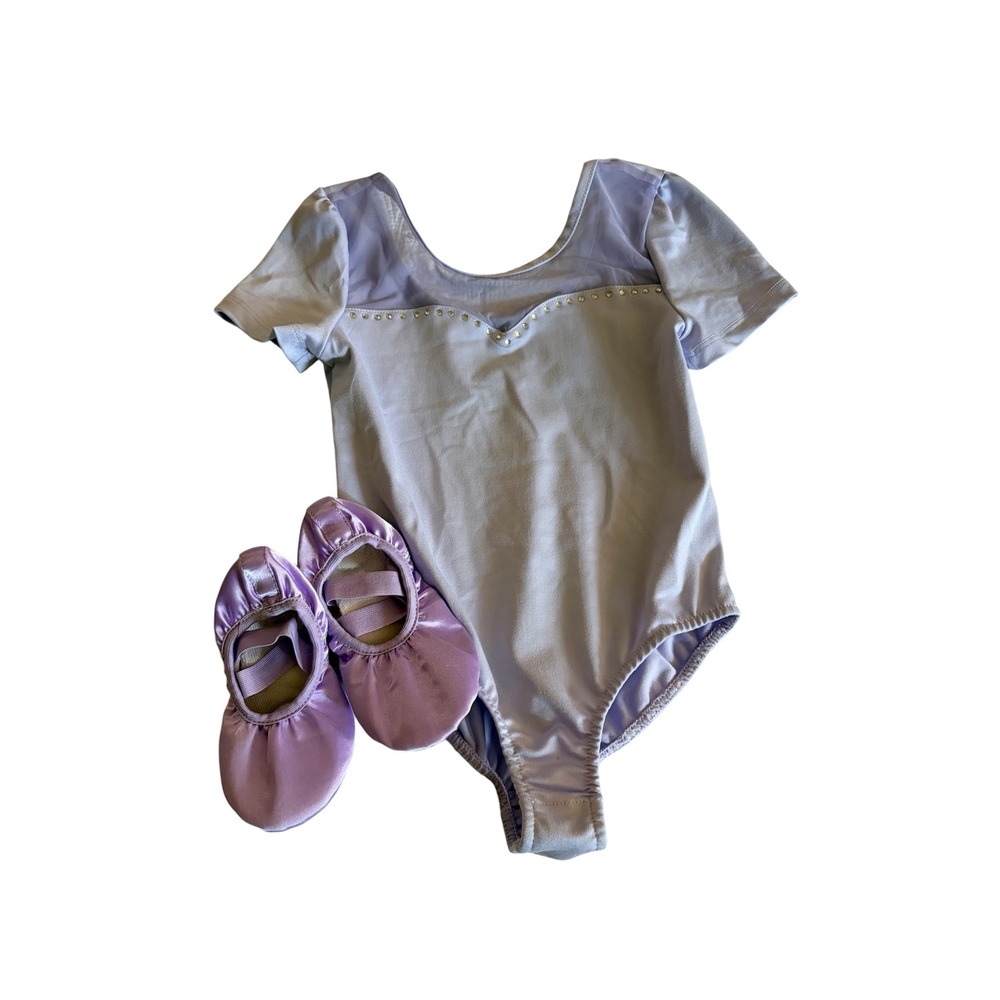 Little Girls Set Purple Dance Leotard Size 5 & Ballet Shoes Size 9.5
